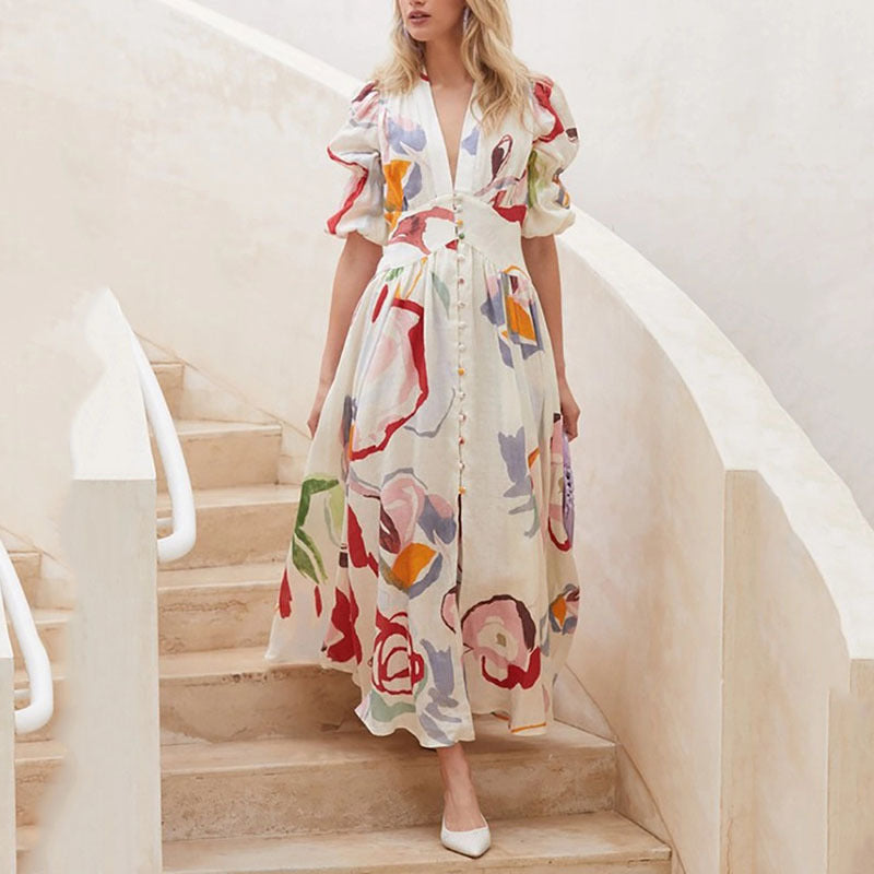 Berg-Feldt Robe longue pour femme avec manches bouffantes et motif floral