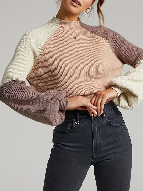 Berg-Feldt | Pullover Sweatshirt Übergröße Fit Gerippter Strick Mock Neck Glockenärmel
