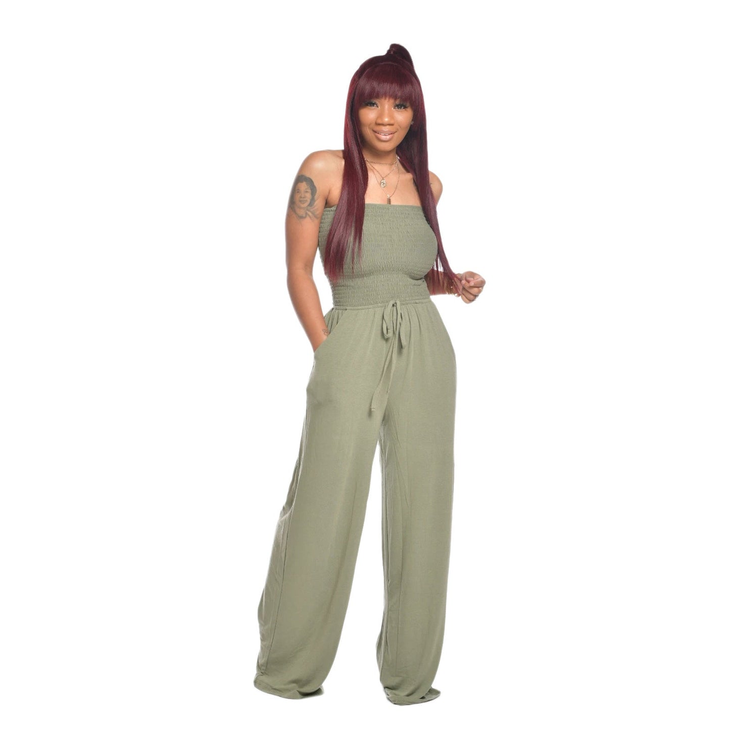 Weitbeiniger Damen Jumpsuit ohne Träger mit Kordelzugbund von berg-feldt