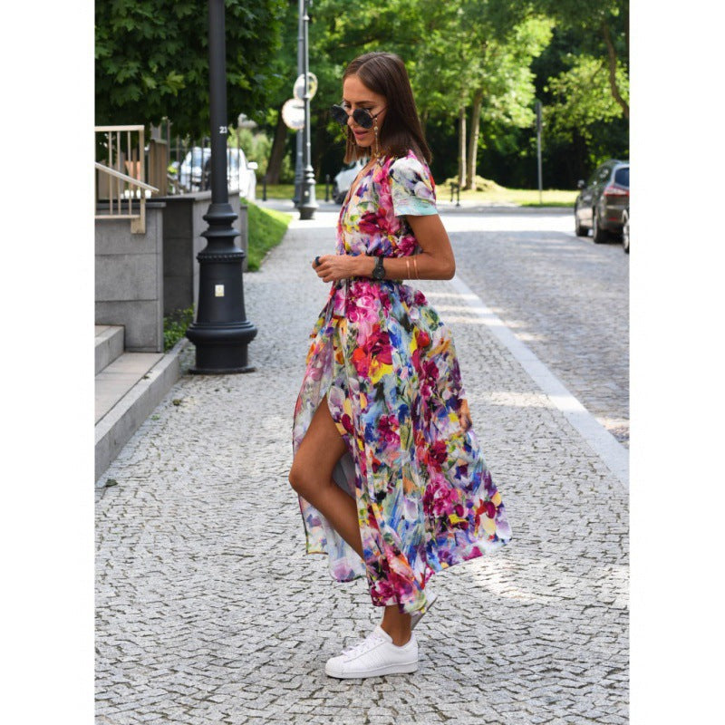 Robe longue fendue à fleurs avec nœud à la taille pour femme par berg-feldt