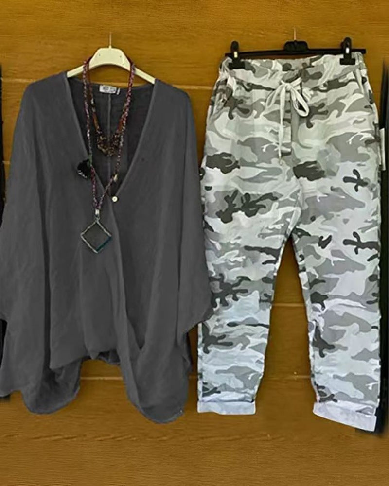 Army-style camouflage oversized tunic and cargo pants for women by berg-feldt