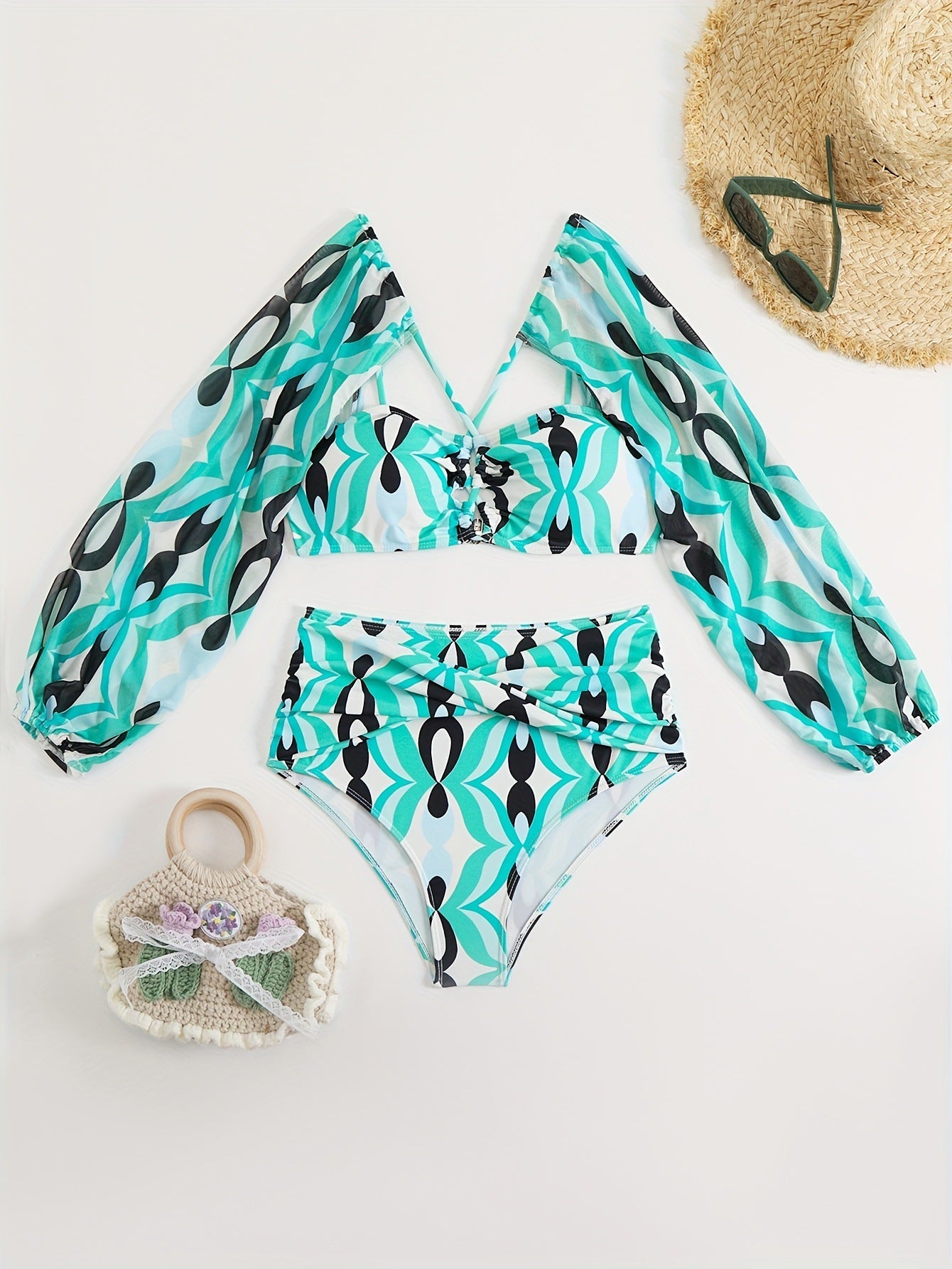 Haut de maillot de bain à manches longues bouffantes et imprimé Berg-Feldt tendance pour femme