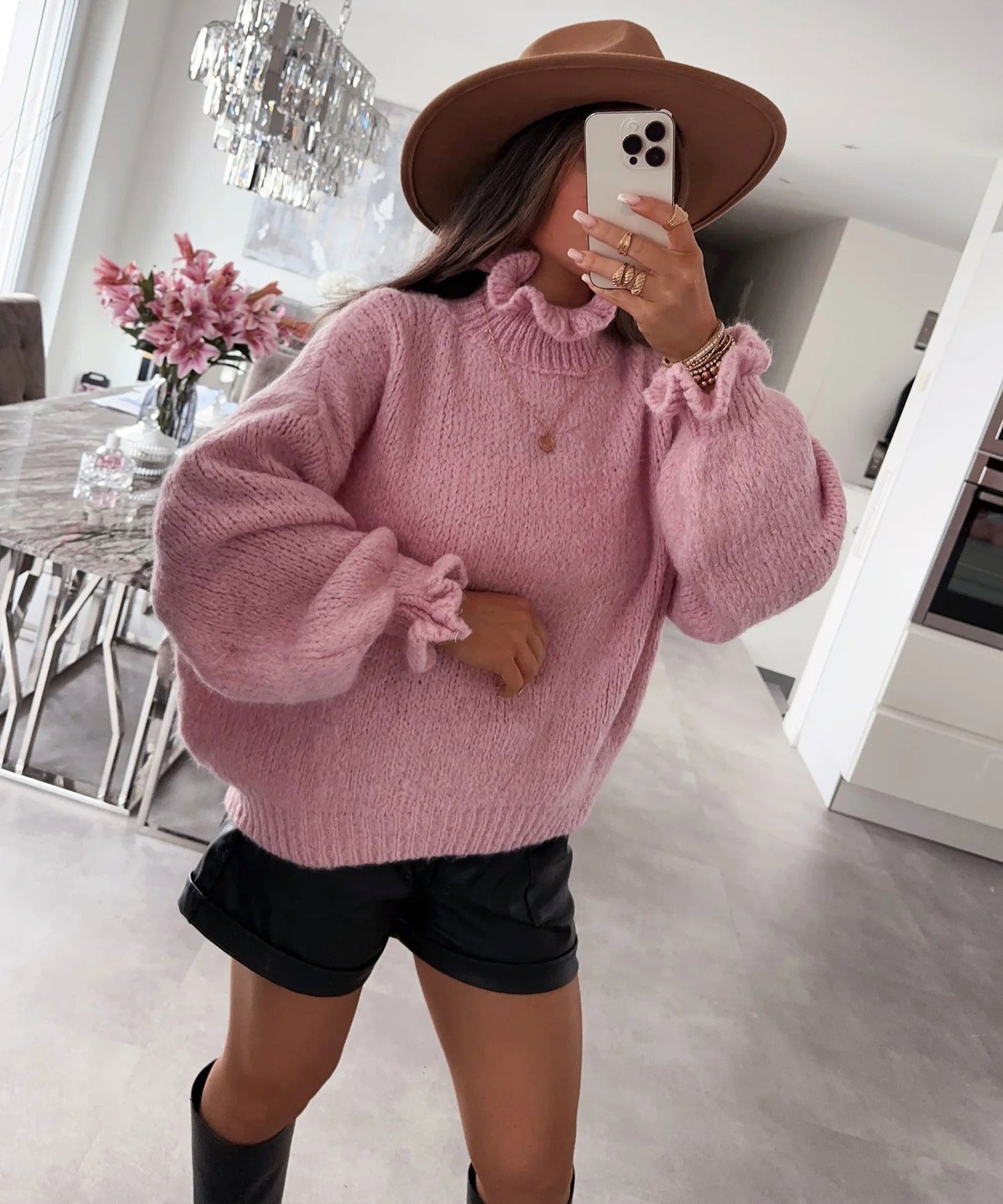 Pull col roulé douillet pour femme avec manches larges et motif texturé Berg-Feldt