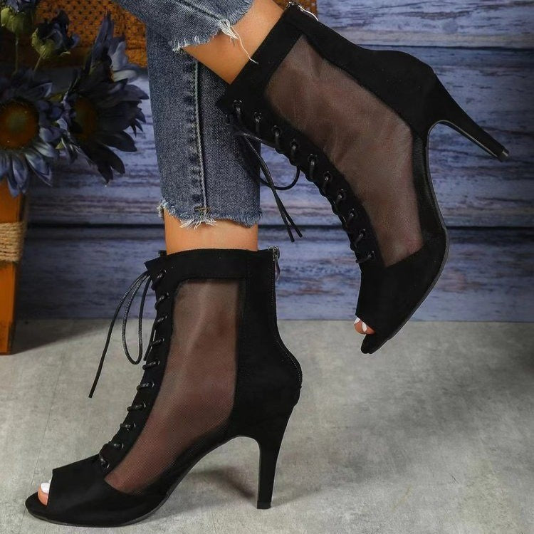 Damen Halboffene High Heel Stiefel mit transparentem Seiteneinsatz und Schnürung Berg-Feldt