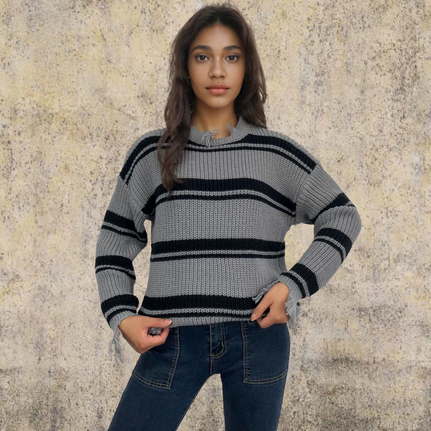 Berg-Feldt | Pullover Pullover Übergröße Fit Gestrickte Wolle Kontraststreifen Fransen Saum
