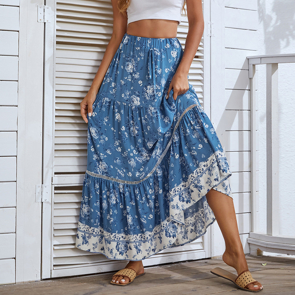 Women's Bohemian Floral Pleated Maxi Skirt