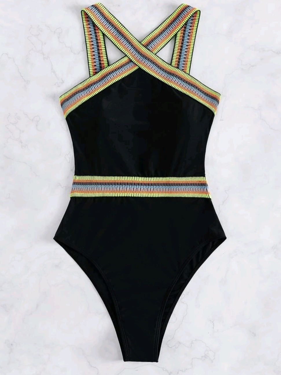 Badeanzug für Damen, unifarben mit modischen Kreuzträgern und buntem Berg-Feldt-Design