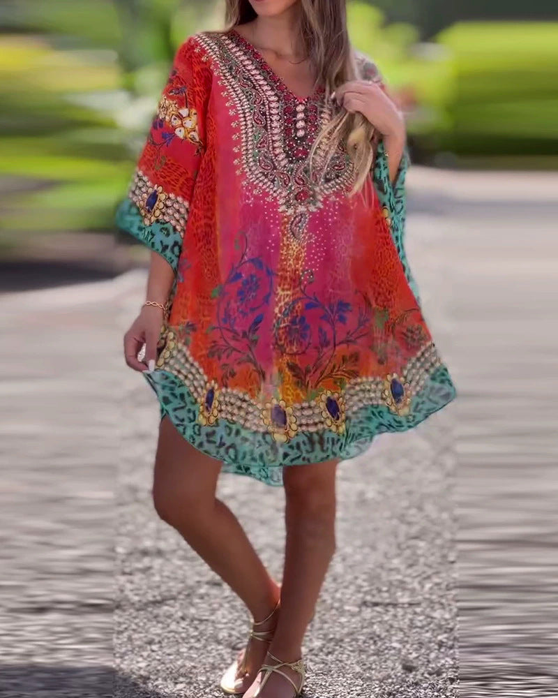 Robe de plage femme décontractée en coton et lin, col en V et imprimé montagne-campagne élégant