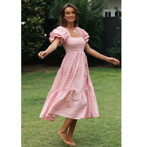 Robe mi-longue vichy à manches bouffantes pour femme de berg-feldt