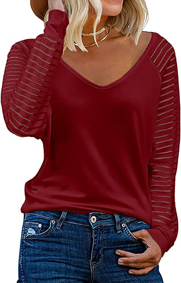 T-shirt à manches longues et col en V pour femme avec manches rayées Berg-Feldt