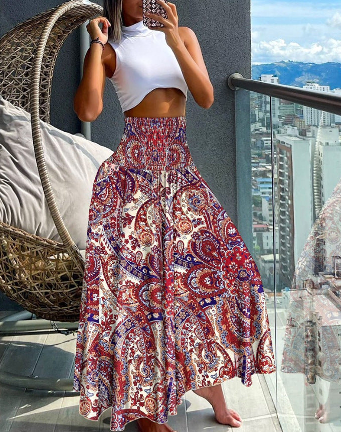 Jupe longue bohème pour femme avec imprimé vif de montagnes et de champs