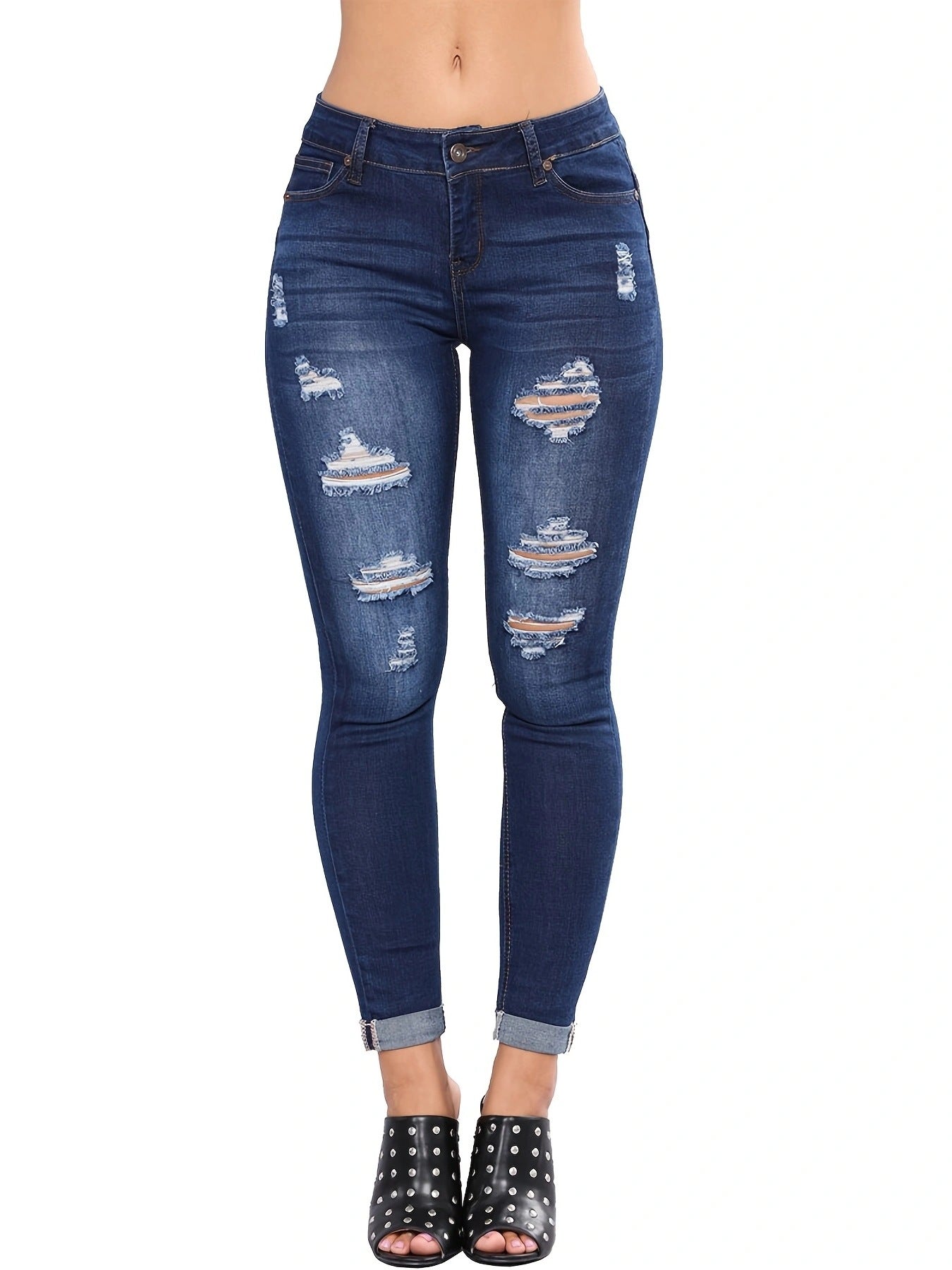 Jean skinny femme taille haute, coupe ajustée, effet déchiré, ourlets effilochés par berg-feldt