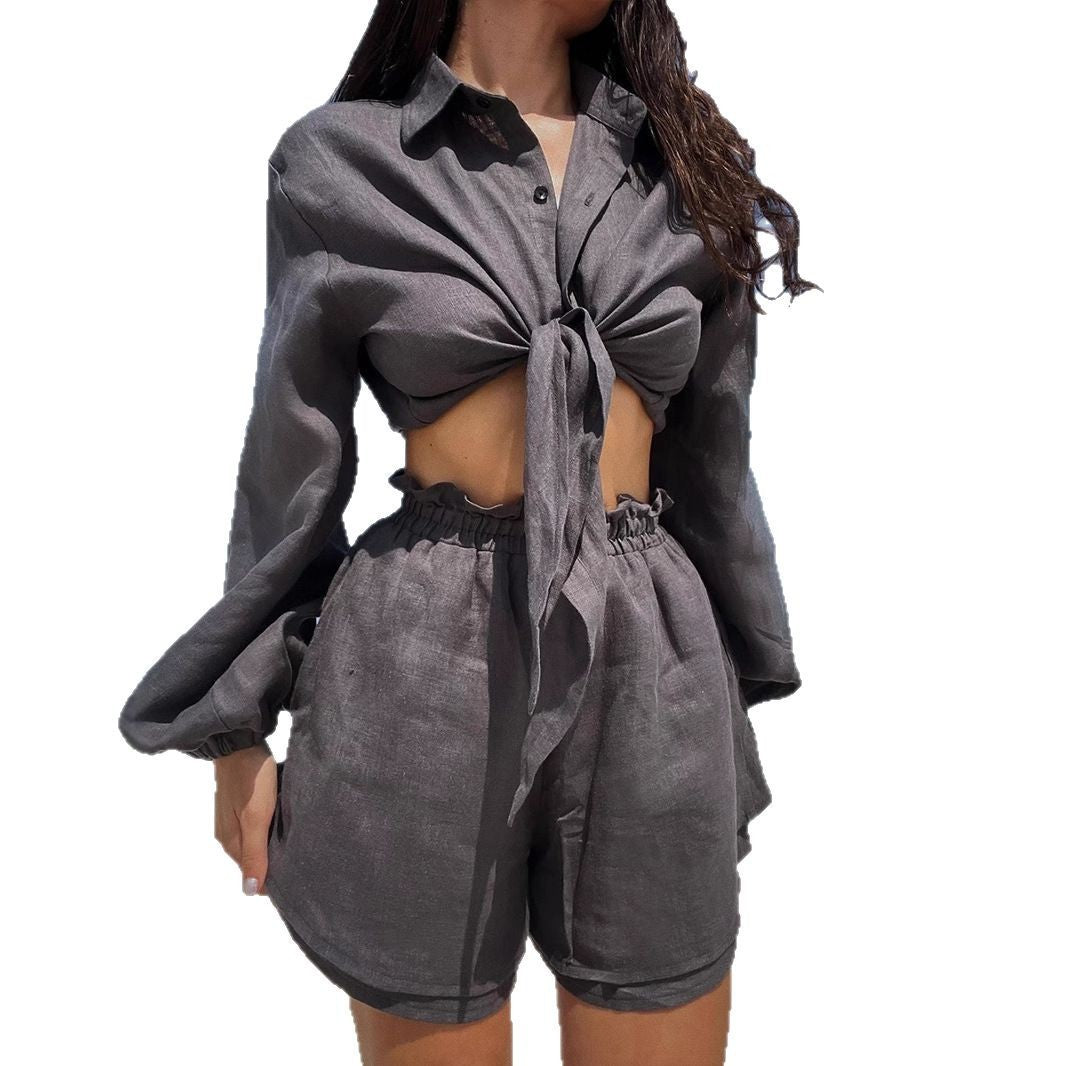 Women's Cropped Button-Down Shirt and High-Waisted Shorts Set by berg-feldt