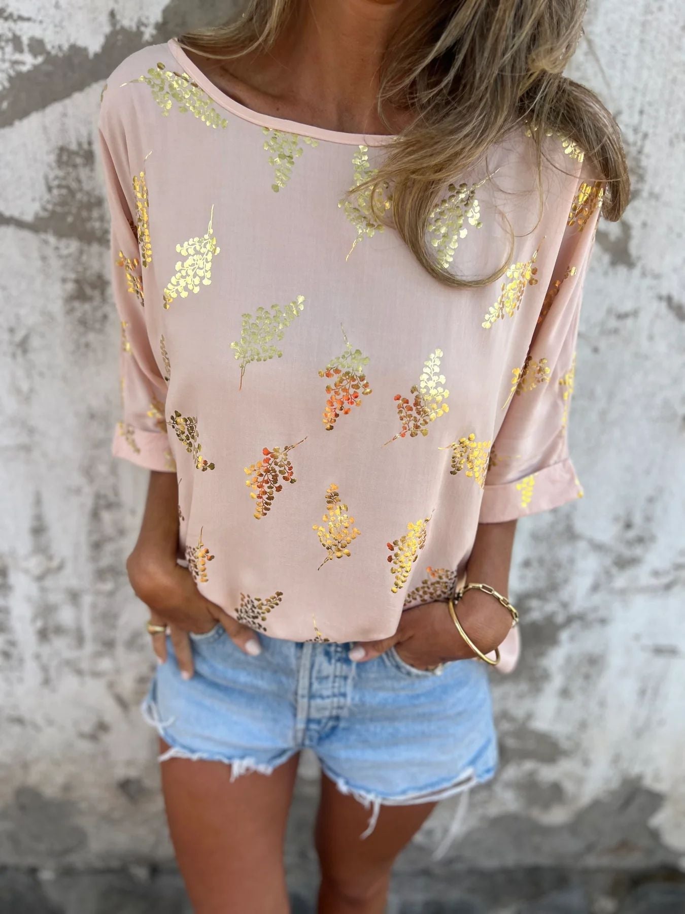 Berg-feldt Blouse femme à motif floral métallisé, manches courtes