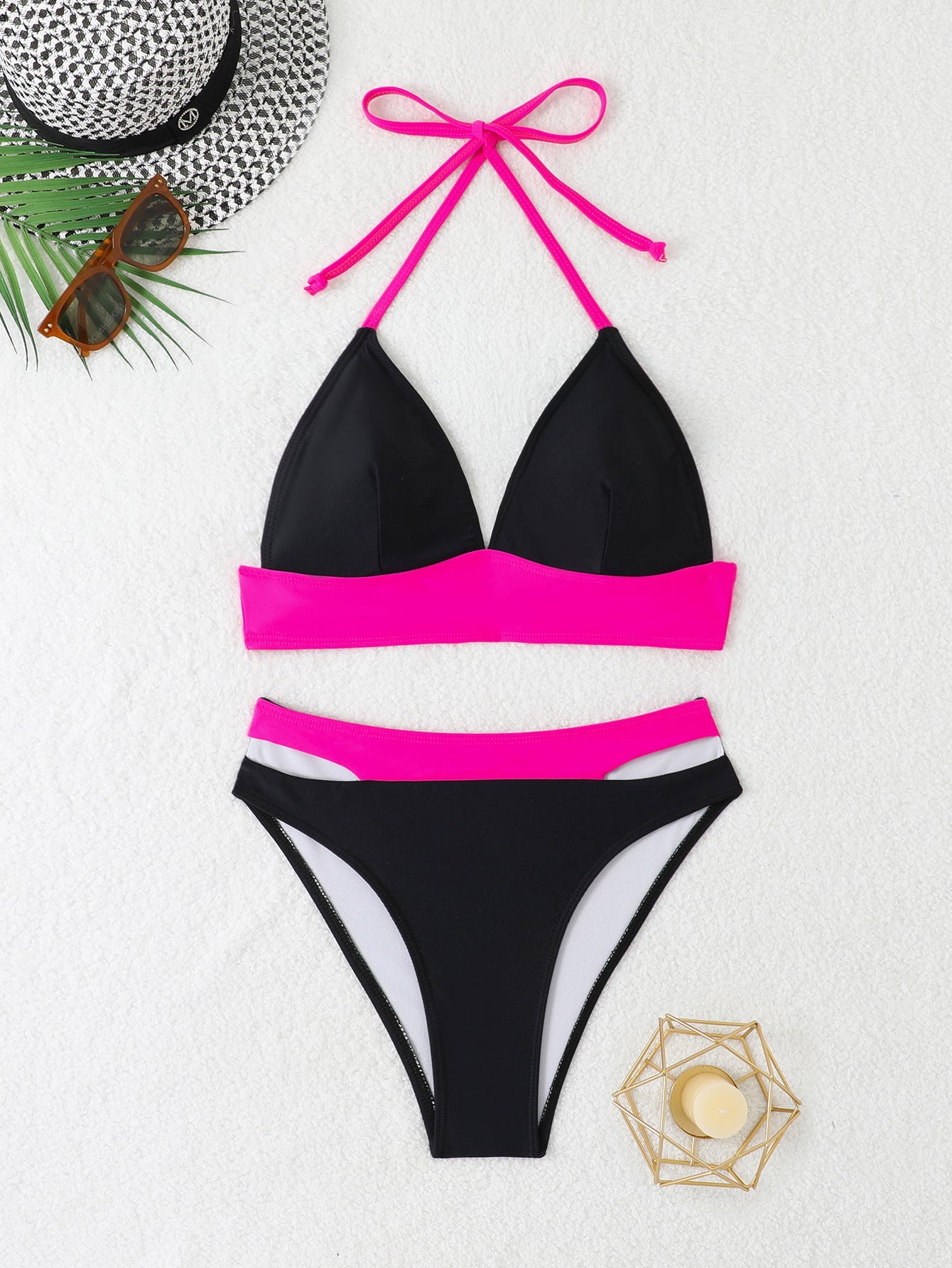 Womens Triangle Bikini Set with Adjustable Knot Top and Modern High-Waisted Bottoms