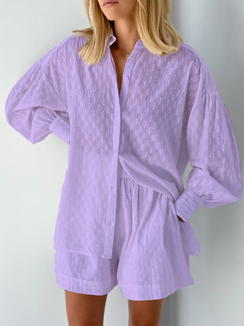 Women's Relaxed Fit Structured Button-Up Shirt and Shorts Set by berg-feldt