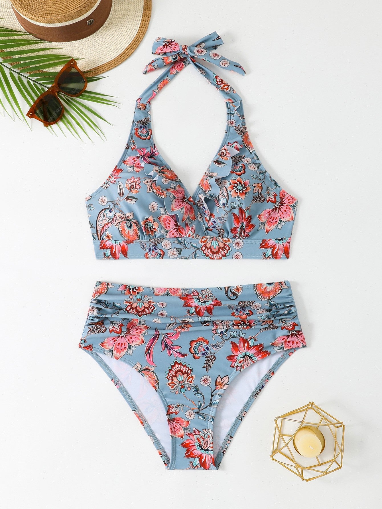 Haut de bikini élégant pour femme, coupe haute, volant et imprimé floral, de berg-feldt