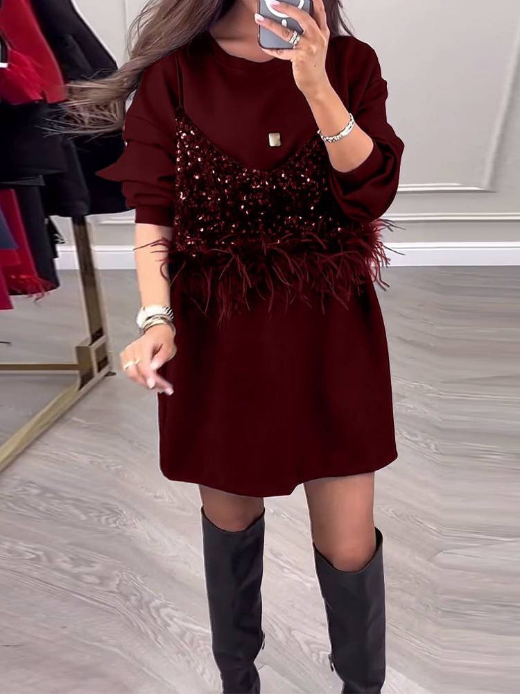 Robe sweat femme tendance avec ornements à sequins et plumes de berg-feldt