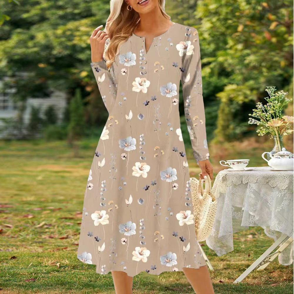 Robe élégante pour femme Fudus avec ceinture, imprimé floral, col en V et manches longues