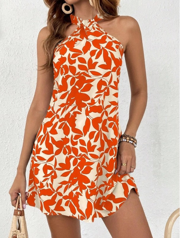 Women's A-Line Dress with Leaf Print and Neckline