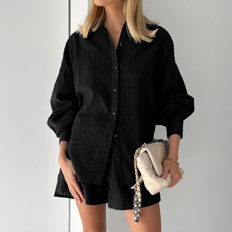 Women's Relaxed Fit Structured Button-Up Shirt and Shorts Set by berg-feldt