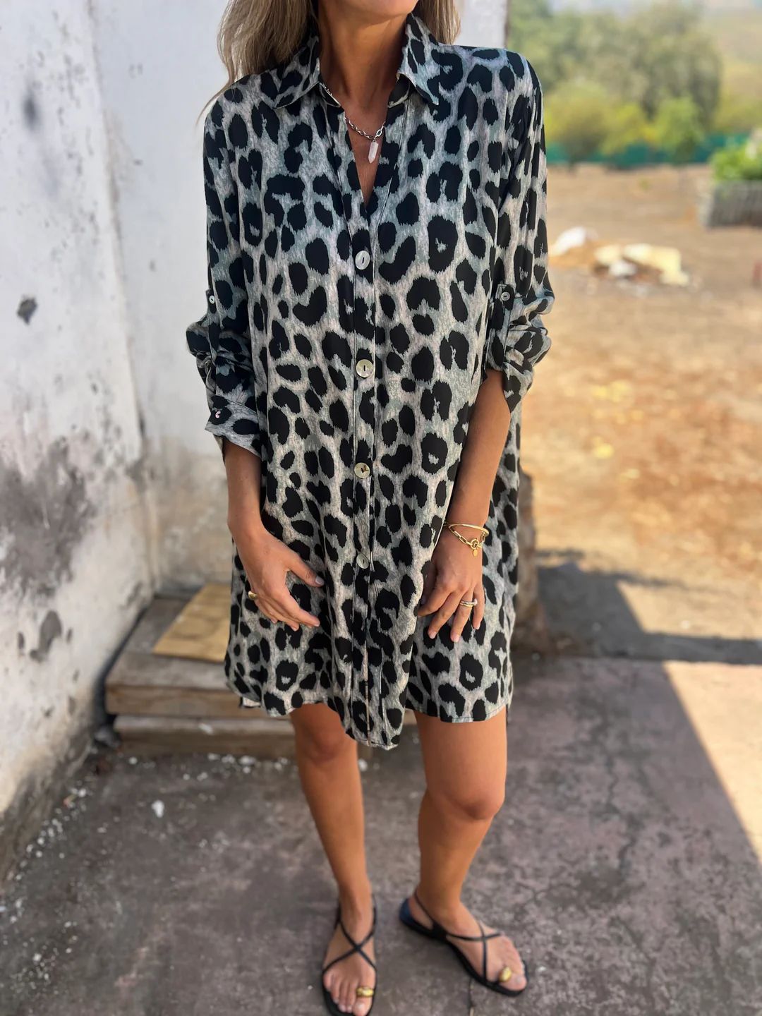 Berg-Feldt Damen Hemdkleid mit Knopfleiste und Leopardenmuster