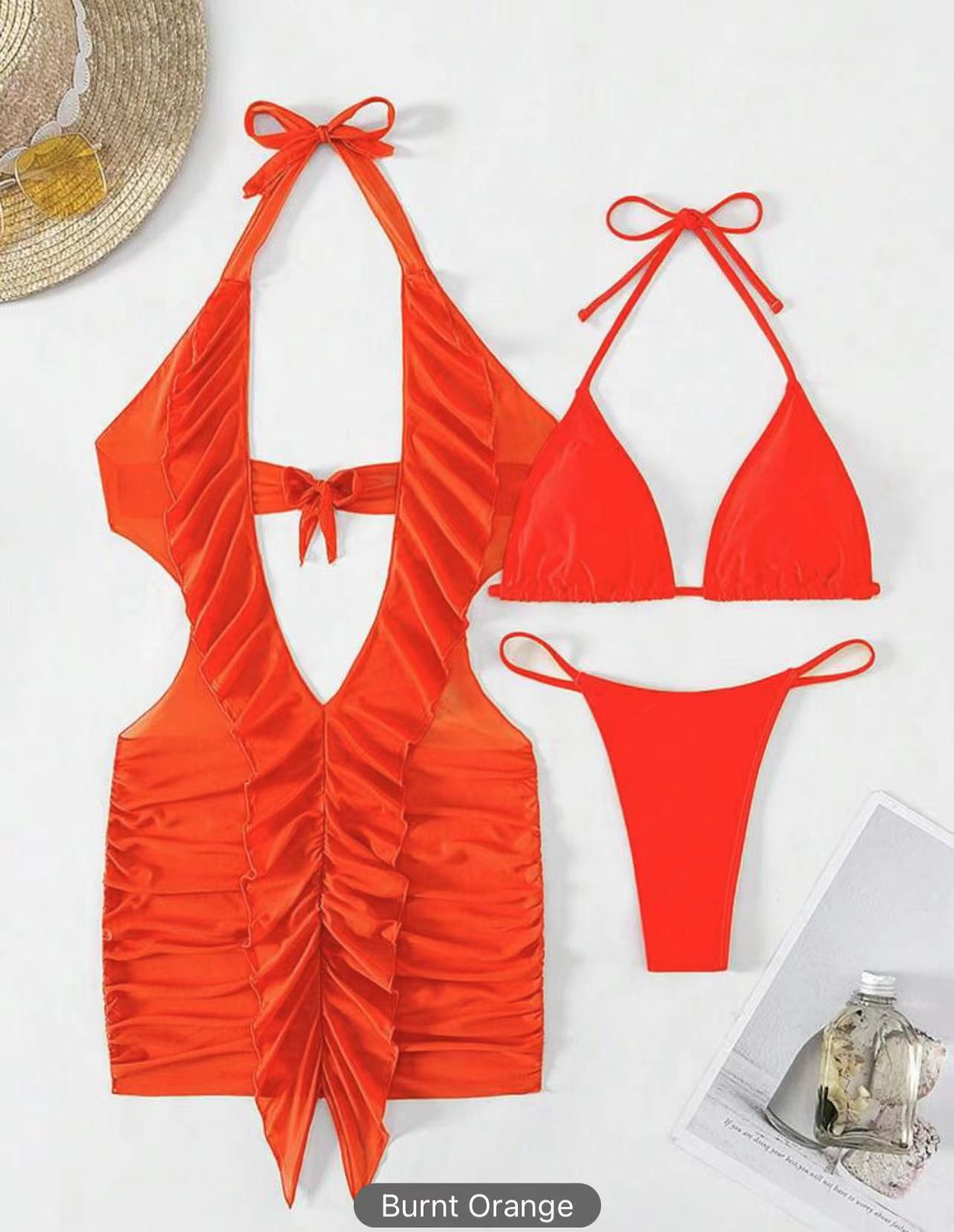 Berg-Feldt Damen Halterneck Badeanzug und Bikini Rüschenset