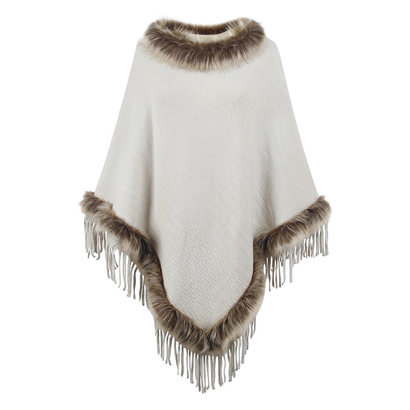 Poncho élégant pour femme avec col luxueux en fausse fourrure et franges décadentes Berg-Feldt