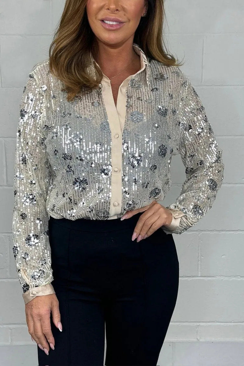 Berg-Feldt Blouse pour femme : Chemisier décontracté avec paillettes et éléments transparents