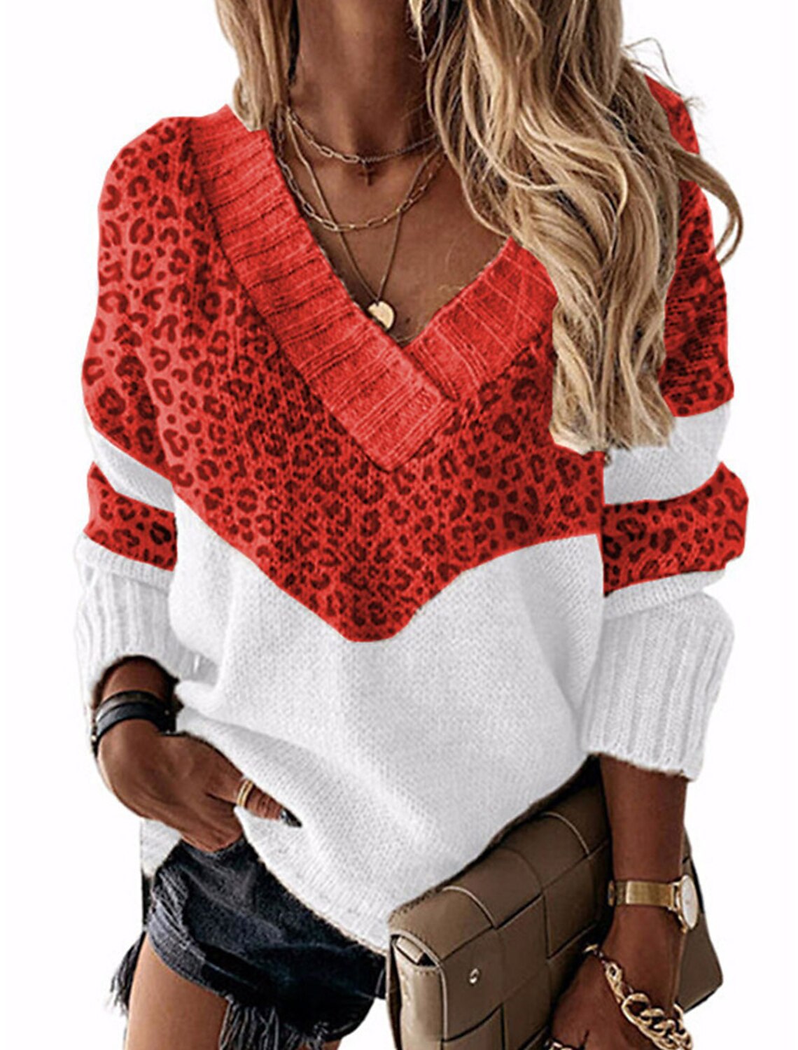 Damenmode Pullover en V à motif léopard Berg-Feldt