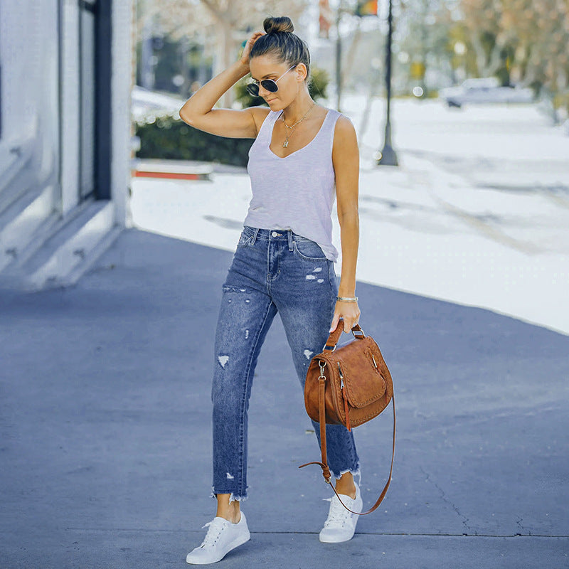 Berg-Feldt Damen Jeans im Vintage-Stil mit hoher Taille und Destroyed-Effekten