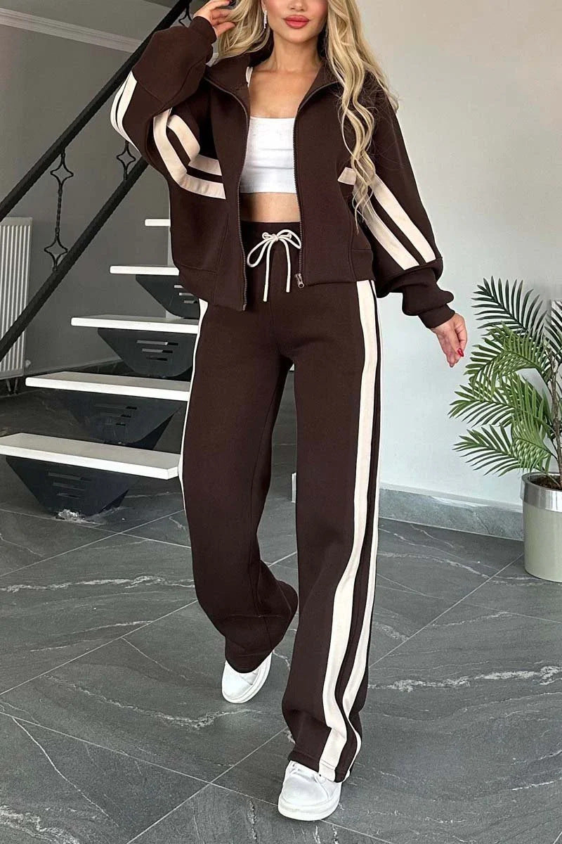 Berg-Feldt | Gestreifte Zip up Cropped Sweatshirtjacke und Sporthose Zwei Teile Satz