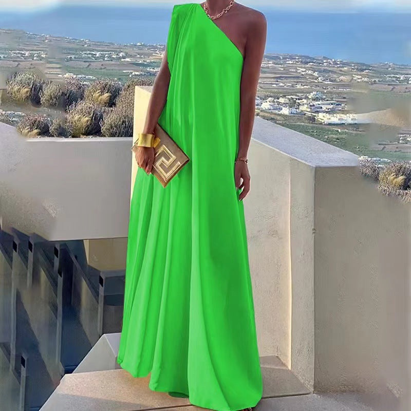 Elegant maxi dress with one shoulder, mountain-field