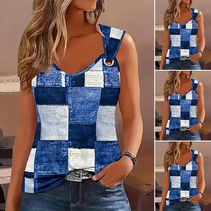 Ärmelloses Damen-Patchwork-Oberteil mit dekorativem Knopfdetail