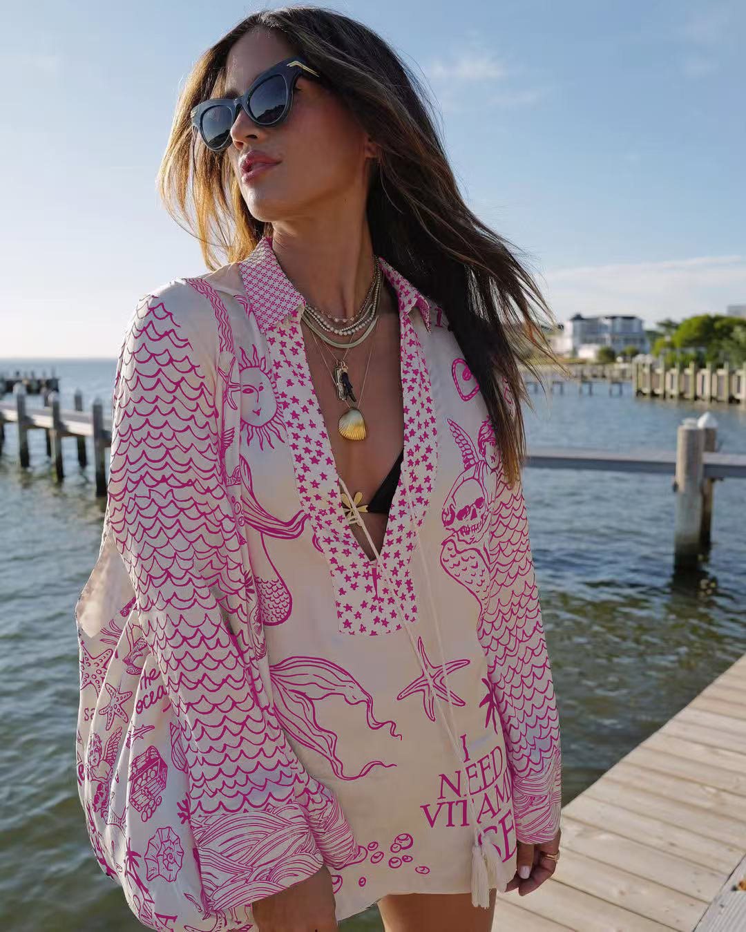 Chemise de plage légère pour femme de berg-feldt, motif marin, décolleté plongeant