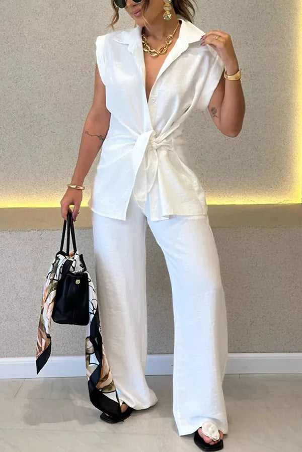 Ensemble tailleur-pantalon taille haute avec ceinture à nouer pour femme, par berg-feldt