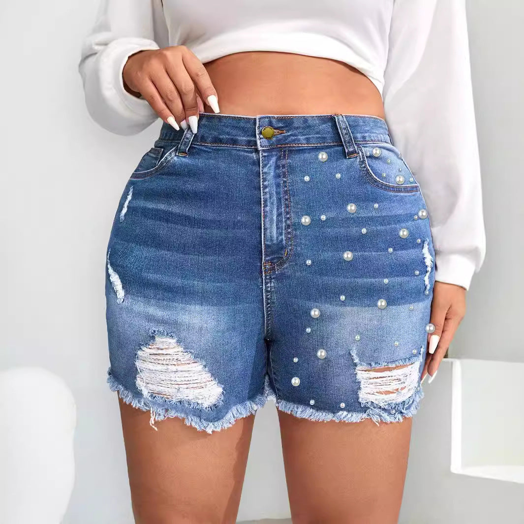 Modische Damen Destroyed Denim Shorts mit Perlen und Fransen von berg-feldt
- berg-feldt
