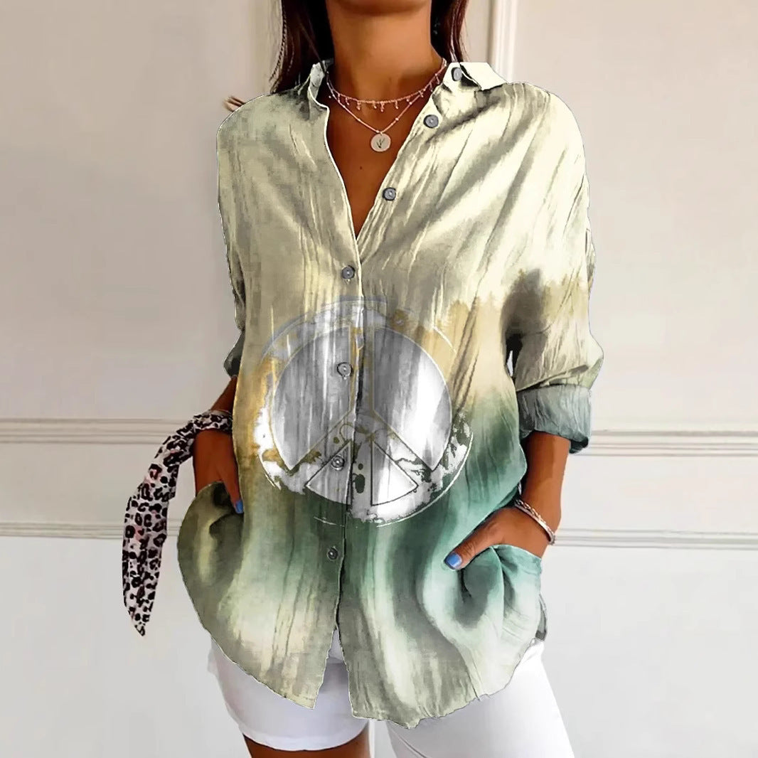 Exklusive Damen-Bluse im lässigen Style, buntes Peace-Motiv, hochwertiger berg-feldt Stoff
