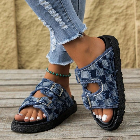 Sandales berg-feldt pour femme, avec brides en denim effiloché
