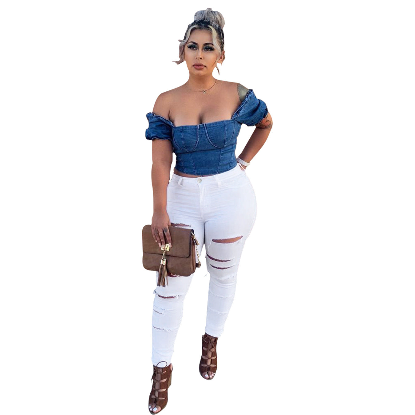 Blouse en jean et pantalon court pour femme Berg-Feldt, coupe asymétrique