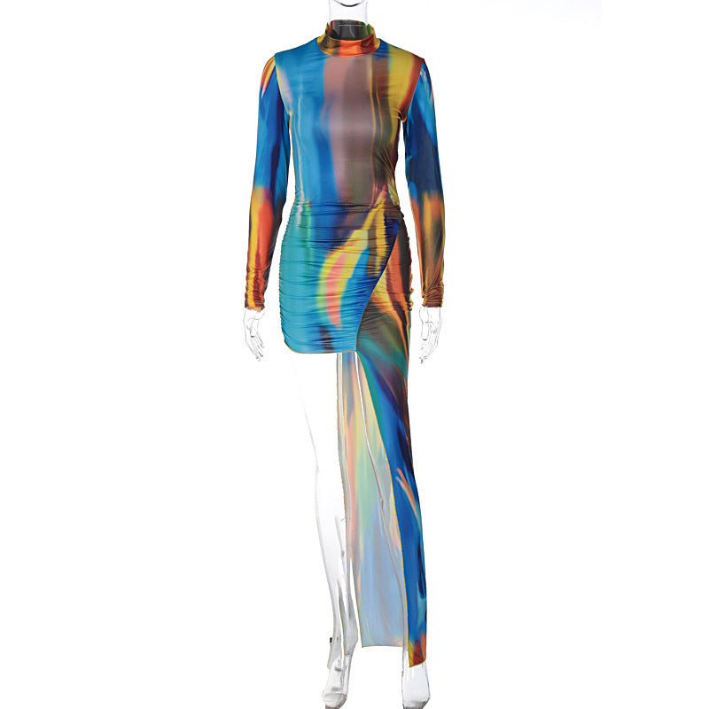 Asymmetrisches Damen-Langarmkleid mit buntem Farbverlauf von berg-feldt