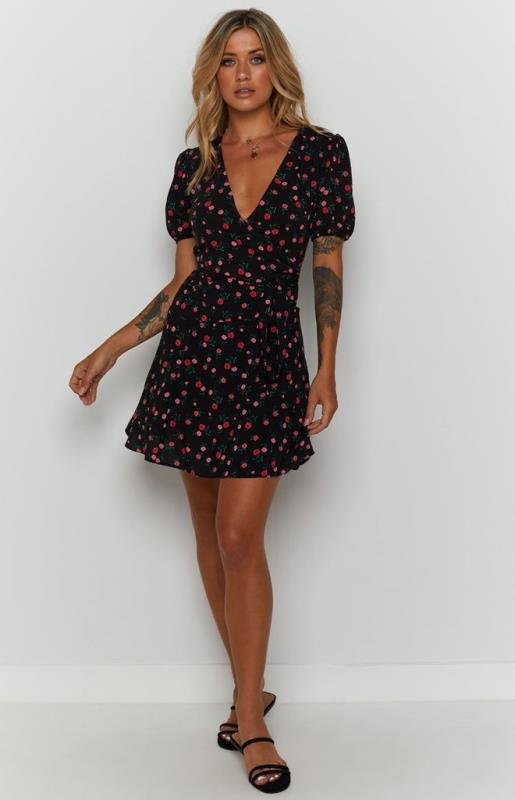 Wickelkleid für Damen, Blumenmuster, Mini, Puffärmel, berg-feldt