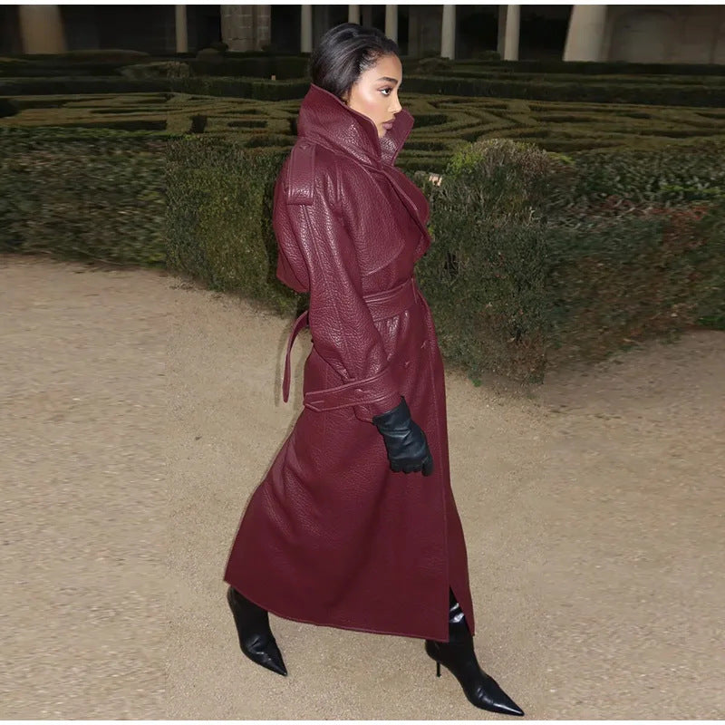 Damen Oversized Kunstleder-Trenchcoat mit hohem Kragen und abnehmbaren Gürtel Berg-Feldt