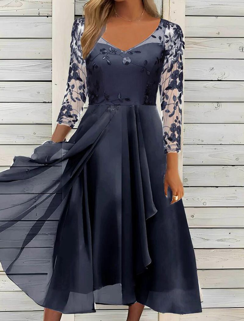 Asymmetrisches Abendkleid für Damen mit floralen Spitzenärmeln von berg-feldt