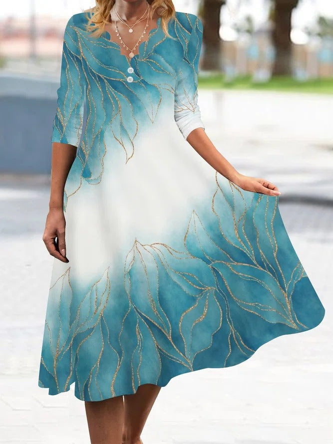 A-Linien Damenkleid mit Blättermuster, Knopfverschluss, berg-feldt Design