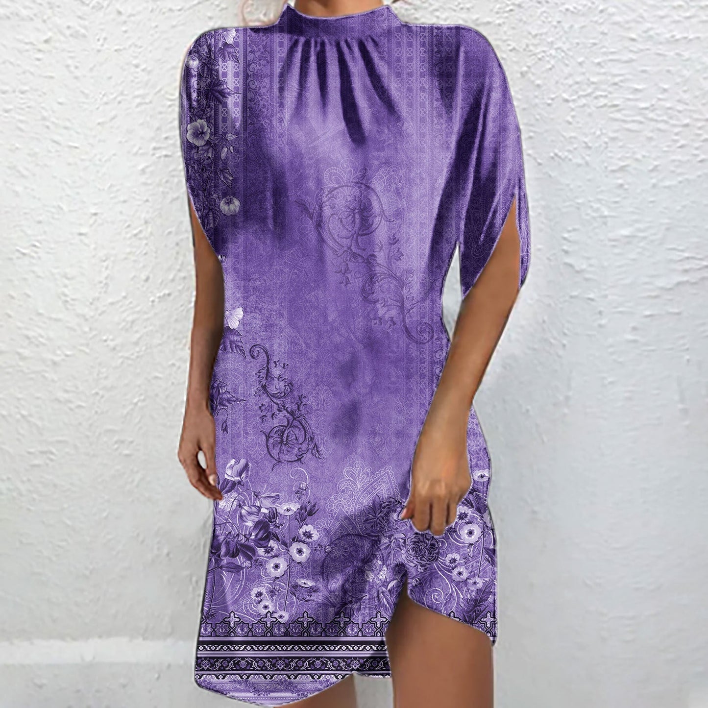 Élégante blouse chauve-souris à manches courtes et col montant imprimée Fudus