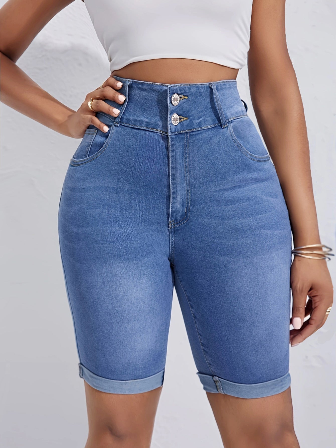Berg-Feldt Short en jean taille haute pour femme avec ourlets amovibles et boutons tendance