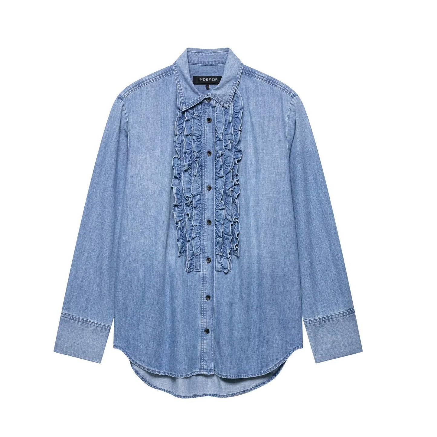 Women's Ruffled Denim Button-Down Shirt by berg-feldt