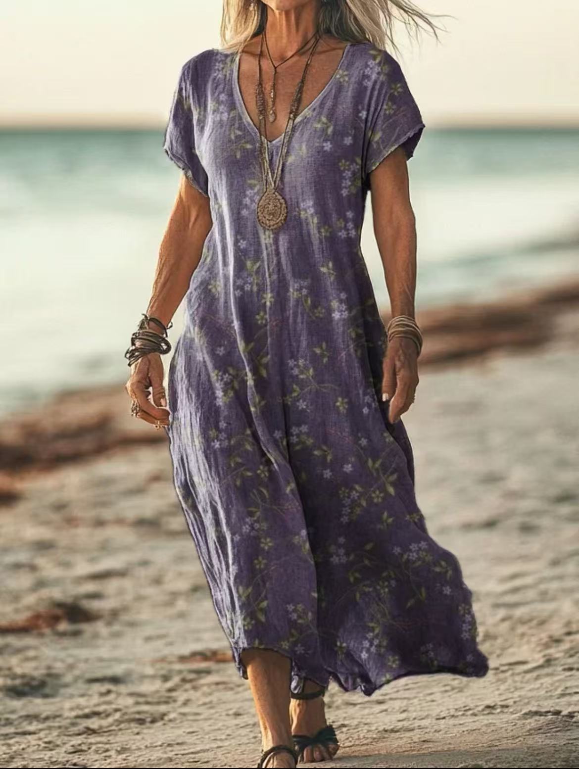 Robe longue pour femme à coupe décontractée avec imprimé naturel de montagne et de champs