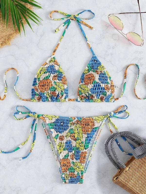 Berg-Feldt Ensemble de bikini pour femme : Fronces élastiques, motif floral fantaisie